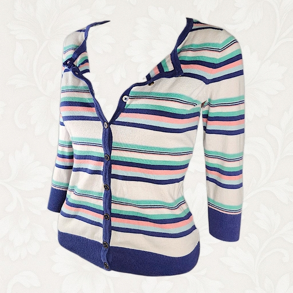 F&F chic Elbow Length Sleeved Button Up Striped Cardigan- Size 6 - Picture 2 of 7
